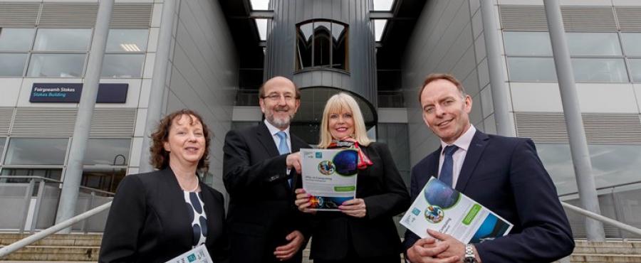 Prof Lisa Looney (Executive Dean, Faculty of Engineering & Computing), Prof Brian MacCraith (President, DCU), Mary Mitchell O'Connor T.D. (Minister of State for Higher Education), Mr Paul Healy (Chief Executive, Skillnet Ireland) outside the Stokes Building, DCU
